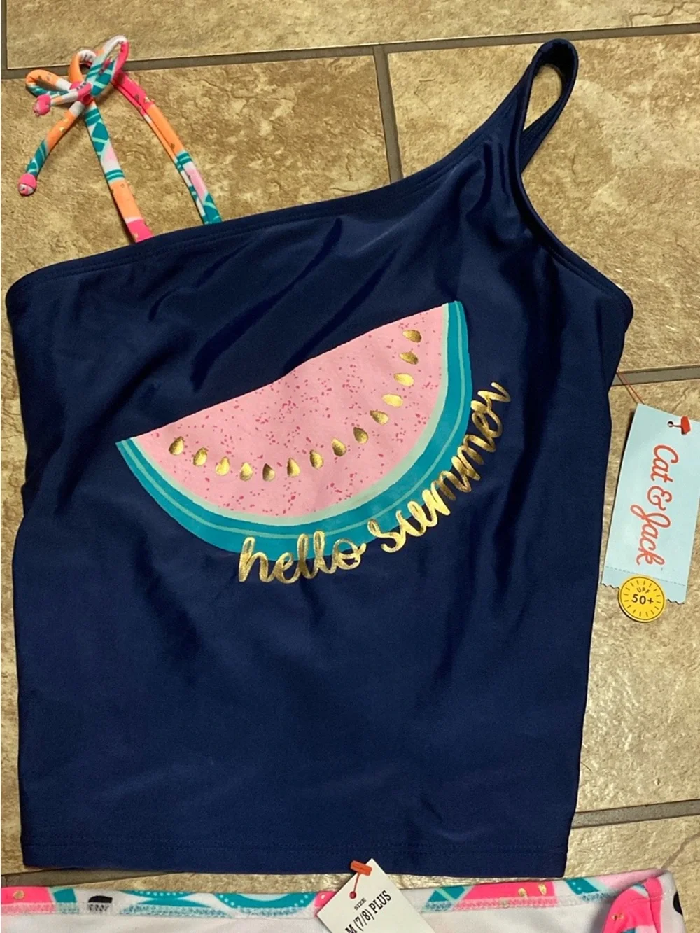 Girl’s Navy Tankini with Pink, Teal & Coral Watermelon Print 7/8 Plus NWT Summer